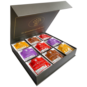Preview: Exklusive Bio-Tee Geschenkbox mit 9 verschiedenen Früchte-, Kräuter - & Rotbuschtees,  45 Pyramiden (127,5g), einzeln kuvertiert
