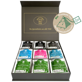 Exklusive Bio-Tee Geschenkbox mit 9 verschiedenen schwarzen, grünen & weißen Tees,  45 Pyramiden (135g), einzeln kuvertiert