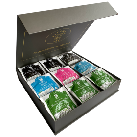 Preview: Exklusive Bio-Tee Geschenkbox mit 9 verschiedenen schwarzen, grünen & weißen Tees,  45 Pyramiden (135g), einzeln kuvertiert