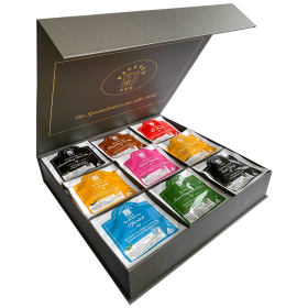 Preview: Exklusive Bio-Tee Geschenkbox mit 9 verschiedenen Tees aus aller Welt, 45 Pyramiden (135g), einzeln kuvertiert