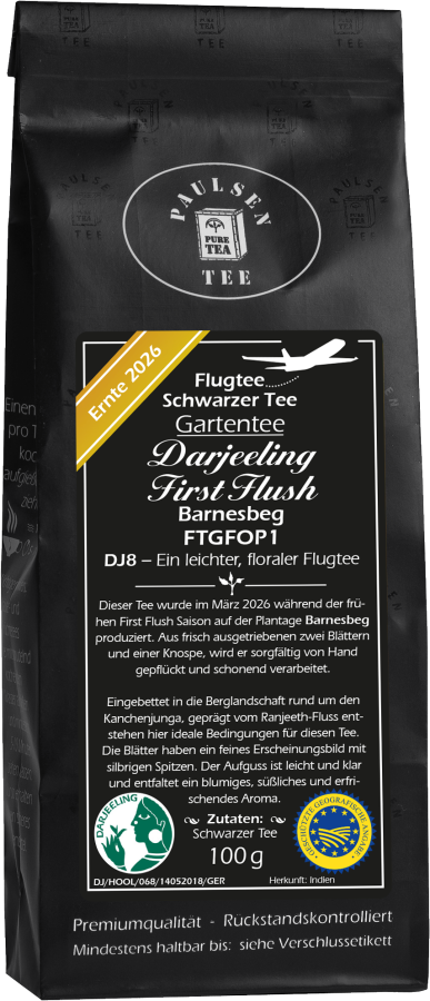 Flugtee 2026, Darjeeling First Flush, FTGFOP1, schwarzer Tee, Plantage Barnesbeg – DJ8